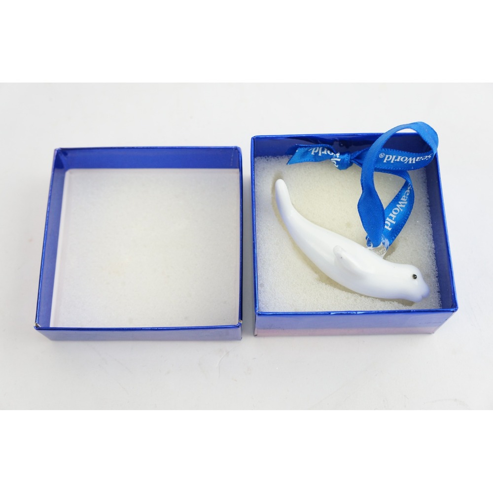 SeaWorld Beluga Whale Ornament Small White Glass Hanging Ribbon Excellent